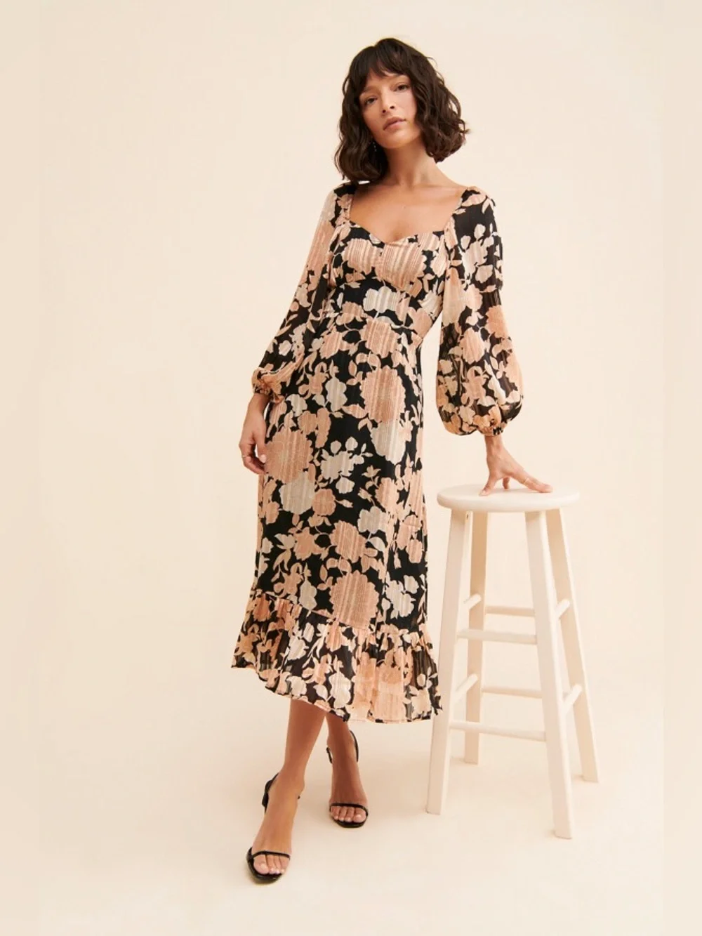 Anthropologie Boho Floral Midi Dress Romantic Square Neck Size Small